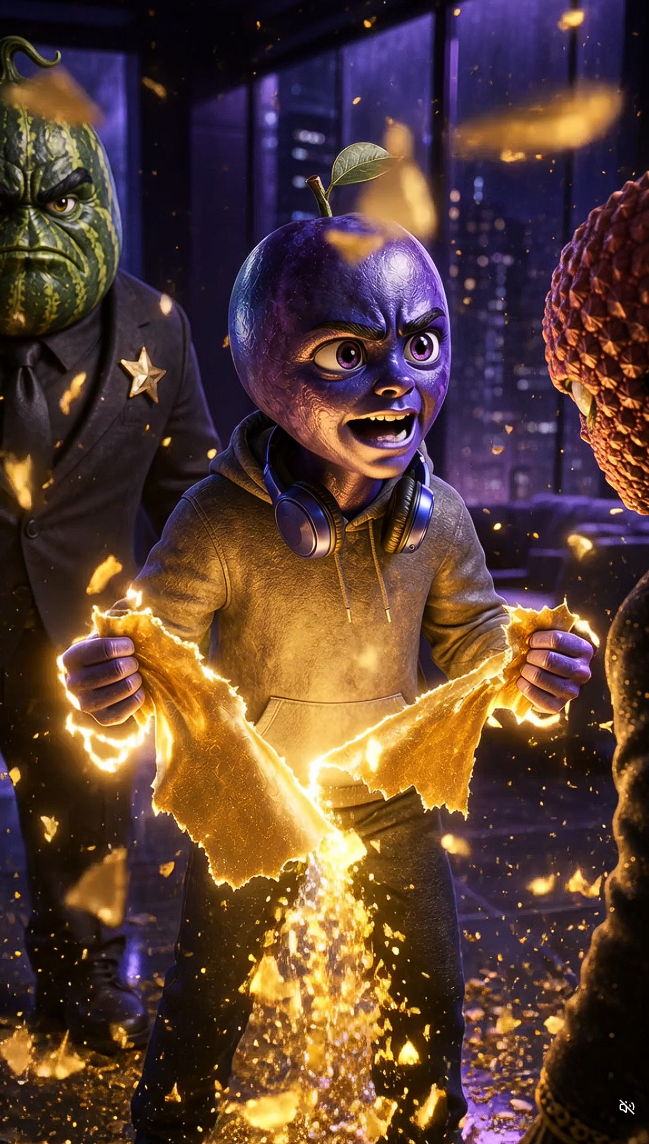Personnage fruit déchirant son contrat sous une lumière dorée, scène cinématique générée par IA